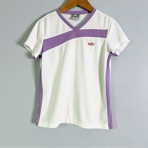 Nike White and Purple Athletic V Neck Tee Size Small